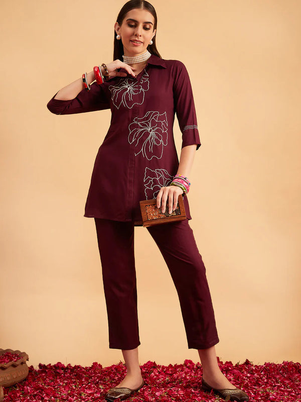 Wine Embellished Tunic With Trousers