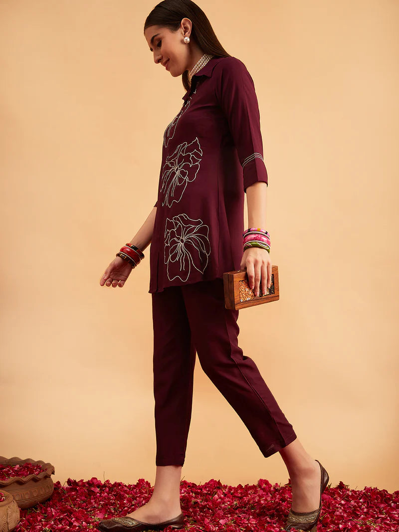 Wine Embellished Tunic With Trousers