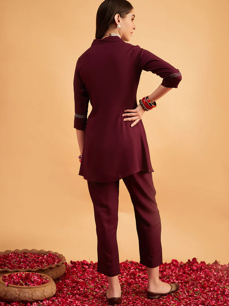Wine Embellished Tunic With Trousers
