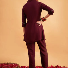 Wine Embellished Tunic With Trousers