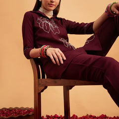 Wine Embellished Tunic With Trousers