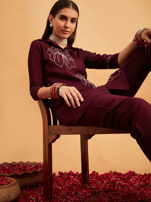Wine Embellished Tunic With Trousers