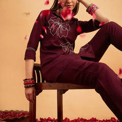 Wine Embellished Tunic With Trousers
