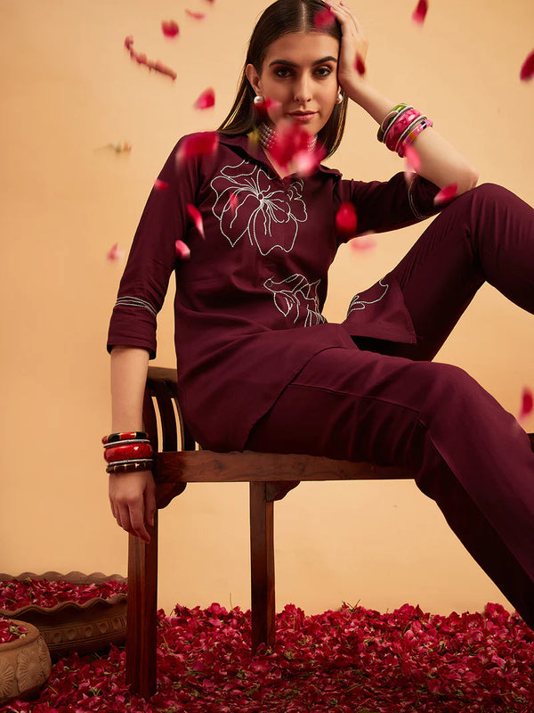 Wine Embellished Tunic With Trousers