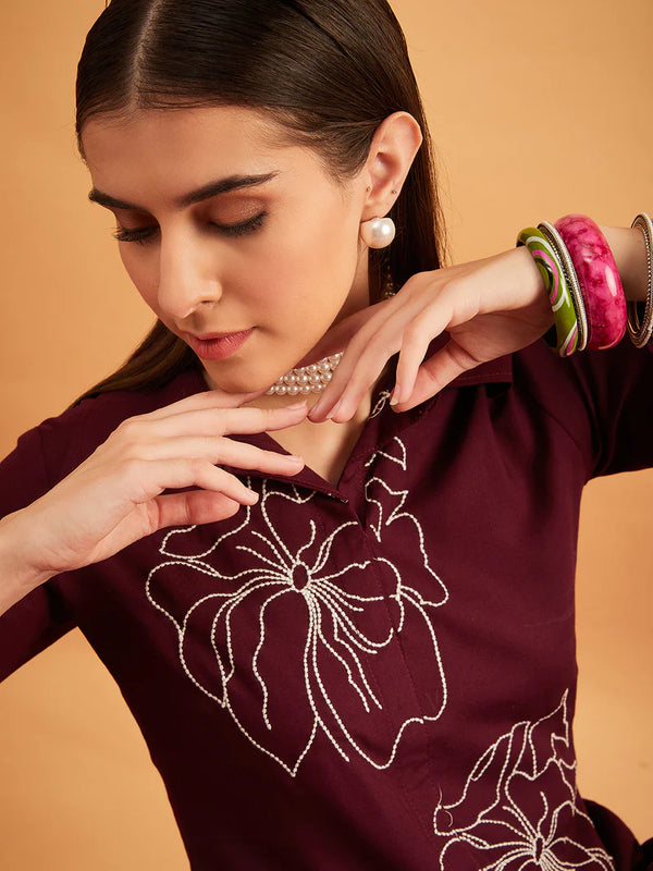 Wine Embellished Tunic With Trousers