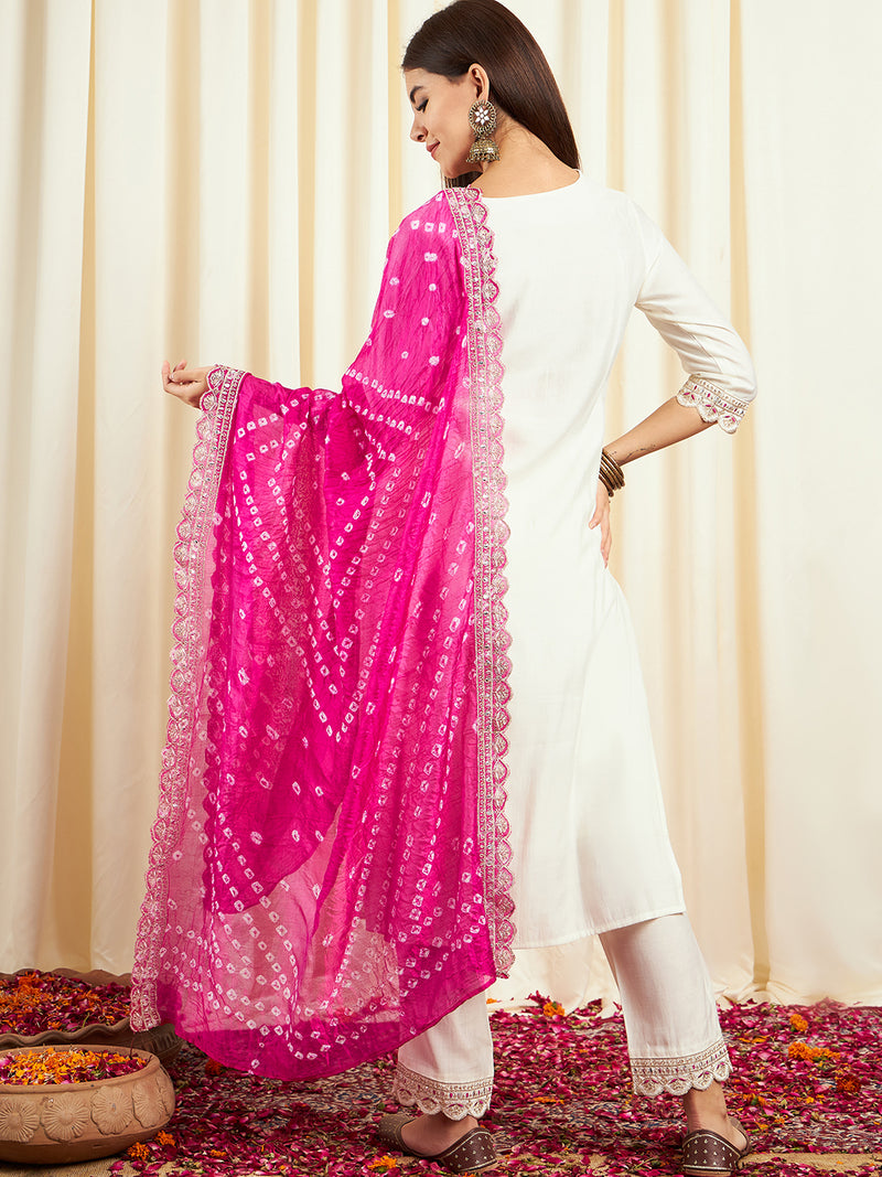 Floral Embroidered Sequinned Pure Silk V-Neck Kurta With Trousers & Dupatta