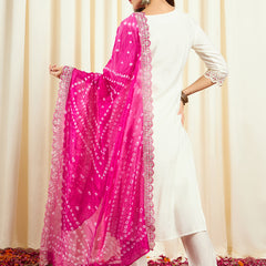 Floral Embroidered Sequinned Pure Silk V-Neck Kurta With Trousers & Dupatta