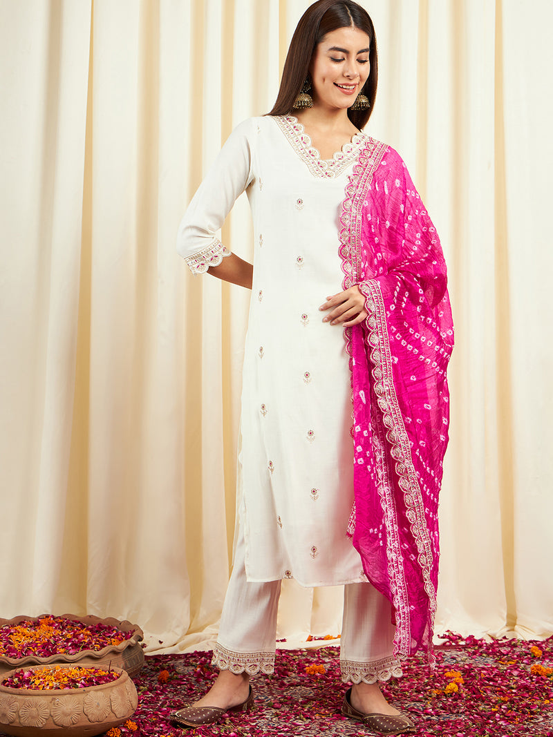 Floral Embroidered Sequinned Pure Silk V-Neck Kurta With Trousers & Dupatta