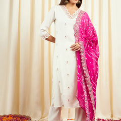 Floral Embroidered Sequinned Pure Silk V-Neck Kurta With Trousers & Dupatta