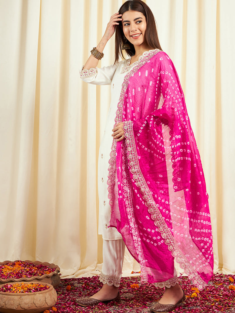 Floral Embroidered Sequinned Pure Silk V-Neck Kurta With Trousers & Dupatta