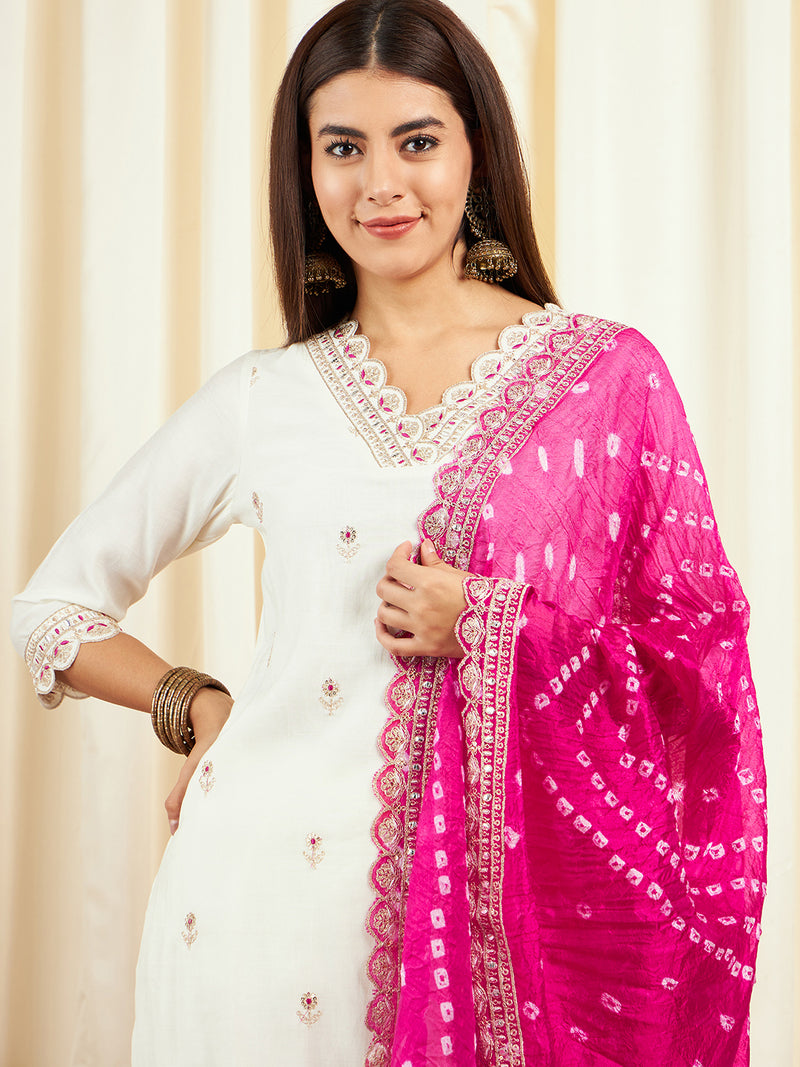 Floral Embroidered Sequinned Pure Silk V-Neck Kurta With Trousers & Dupatta