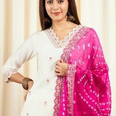 Floral Embroidered Sequinned Pure Silk V-Neck Kurta With Trousers & Dupatta