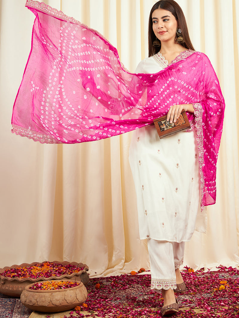 Floral Embroidered Sequinned Pure Silk V-Neck Kurta With Trousers & Dupatta