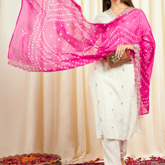 Floral Embroidered Sequinned Pure Silk V-Neck Kurta With Trousers & Dupatta