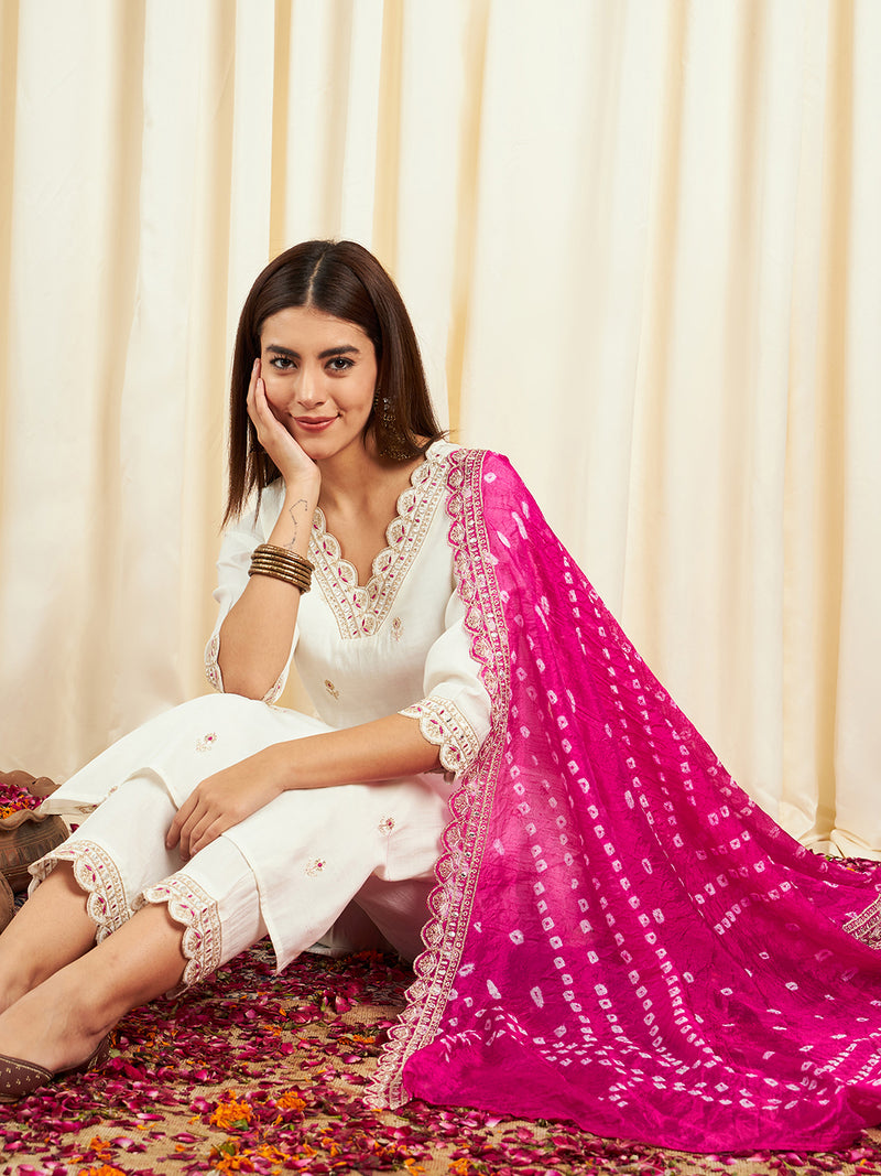 Floral Embroidered Sequinned Pure Silk V-Neck Kurta With Trousers & Dupatta