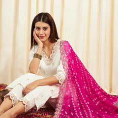 Floral Embroidered Sequinned Pure Silk V-Neck Kurta With Trousers & Dupatta