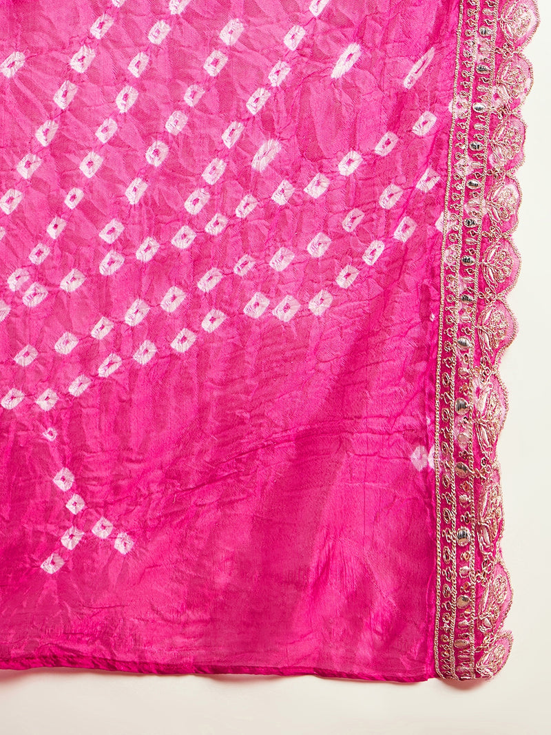 Floral Embroidered Sequinned Pure Silk V-Neck Kurta With Trousers & Dupatta