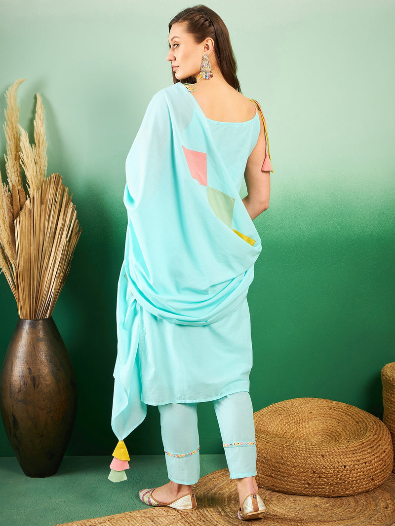 Women Floral Embroidered Regular Thread Work Pure Cotton Kurta with Trousers & With Dupatta