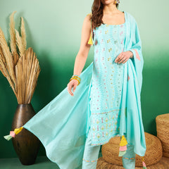 Women Floral Embroidered Regular Thread Work Pure Cotton Kurta with Trousers & With Dupatta
