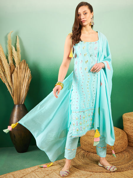 Women Floral Embroidered Regular Thread Work Pure Cotton Kurta with Trousers & With Dupatta