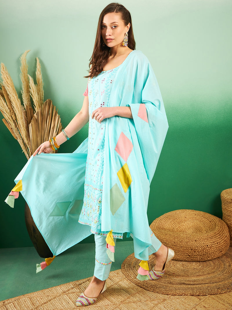 Women Floral Embroidered Regular Thread Work Pure Cotton Kurta with Trousers & With Dupatta