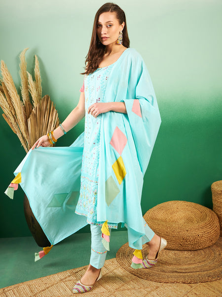 Women Floral Embroidered Regular Thread Work Pure Cotton Kurta with Trousers & With Dupatta