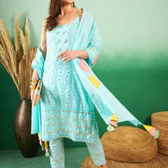 Women Floral Embroidered Regular Thread Work Pure Cotton Kurta with Trousers & With Dupatta