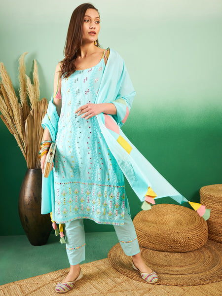Women Floral Embroidered Regular Thread Work Pure Cotton Kurta with Trousers & With Dupatta