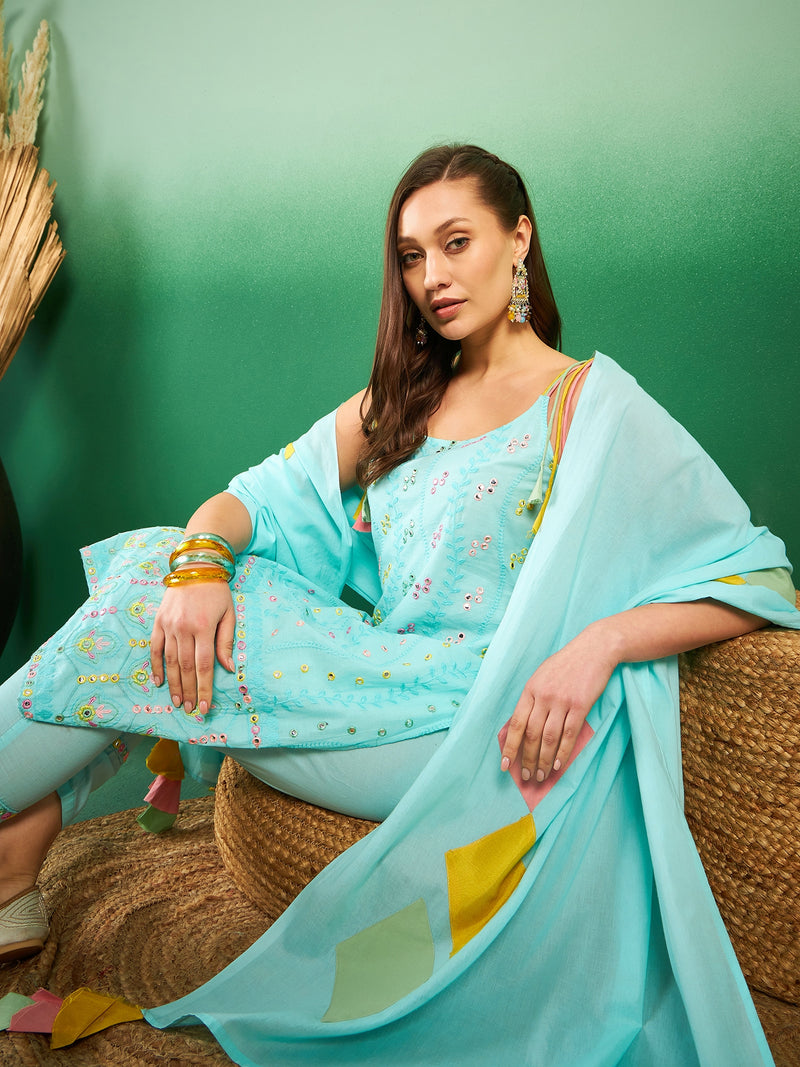 Women Floral Embroidered Regular Thread Work Pure Cotton Kurta with Trousers & With Dupatta