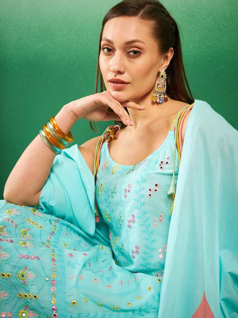 Women Floral Embroidered Regular Thread Work Pure Cotton Kurta with Trousers & With Dupatta