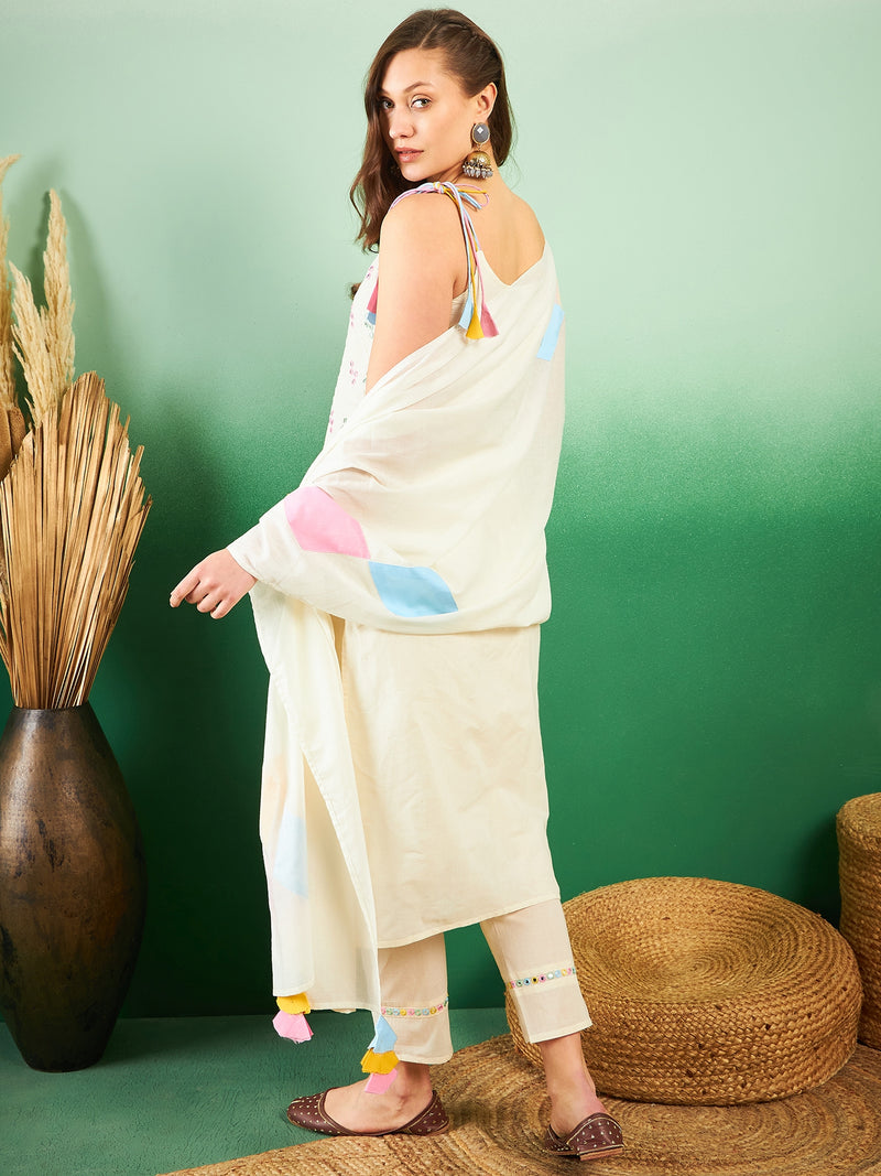 Pure Cotton Embroidered Sholder Strap Kurta With Pant & Dupatta Kurta Set