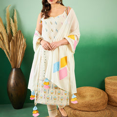 Pure Cotton Embroidered Sholder Strap Kurta With Pant & Dupatta Kurta Set