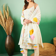 Pure Cotton Embroidered Sholder Strap Kurta With Pant & Dupatta Kurta Set