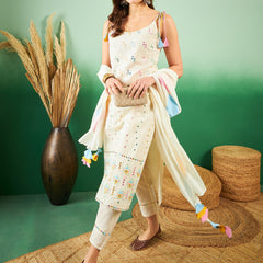 Pure Cotton Embroidered Sholder Strap Kurta With Pant & Dupatta Kurta Set