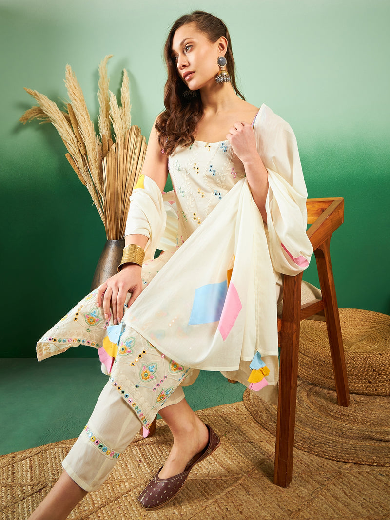 Pure Cotton Embroidered Sholder Strap Kurta With Pant & Dupatta Kurta Set