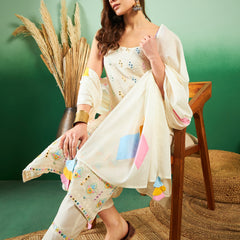 Pure Cotton Embroidered Sholder Strap Kurta With Pant & Dupatta Kurta Set