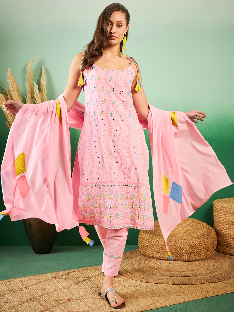 Pure Cotton Embroidered Sholder Strap Kurta With Pant & Dupatta Kurta Set