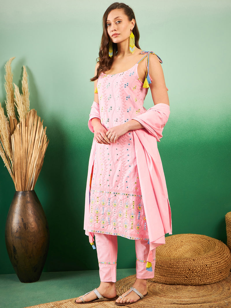 Pure Cotton Embroidered Sholder Strap Kurta With Pant & Dupatta Kurta Set