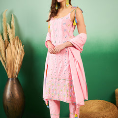 Pure Cotton Embroidered Sholder Strap Kurta With Pant & Dupatta Kurta Set