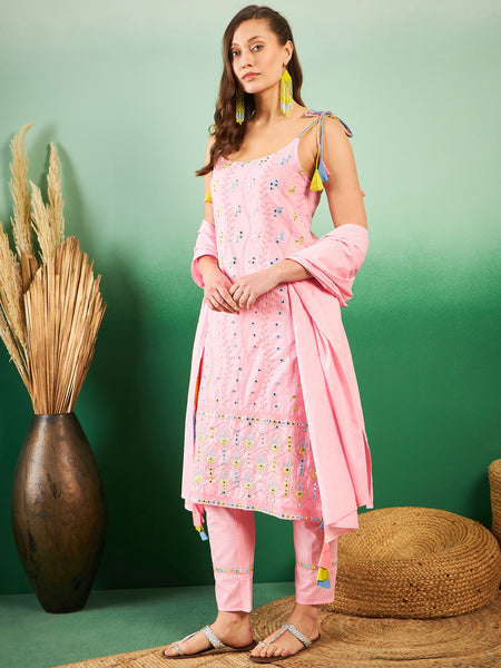 Pure Cotton Embroidered Sholder Strap Kurta With Pant & Dupatta Kurta Set