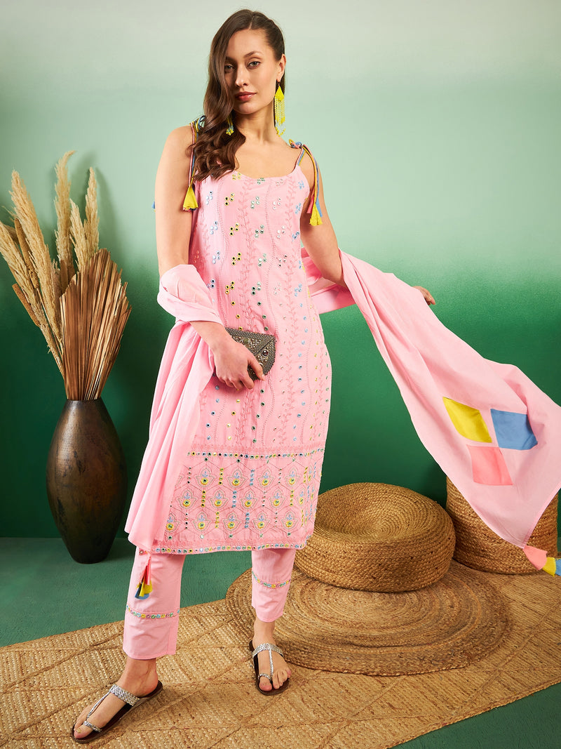 Pure Cotton Embroidered Sholder Strap Kurta With Pant & Dupatta Kurta Set