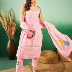 Pure Cotton Embroidered Sholder Strap Kurta With Pant & Dupatta Kurta Set