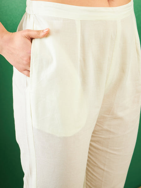 Off White Hand Printed Schiffli Pure Cotton Kurta With Trousers & Dupatta Kurta Set