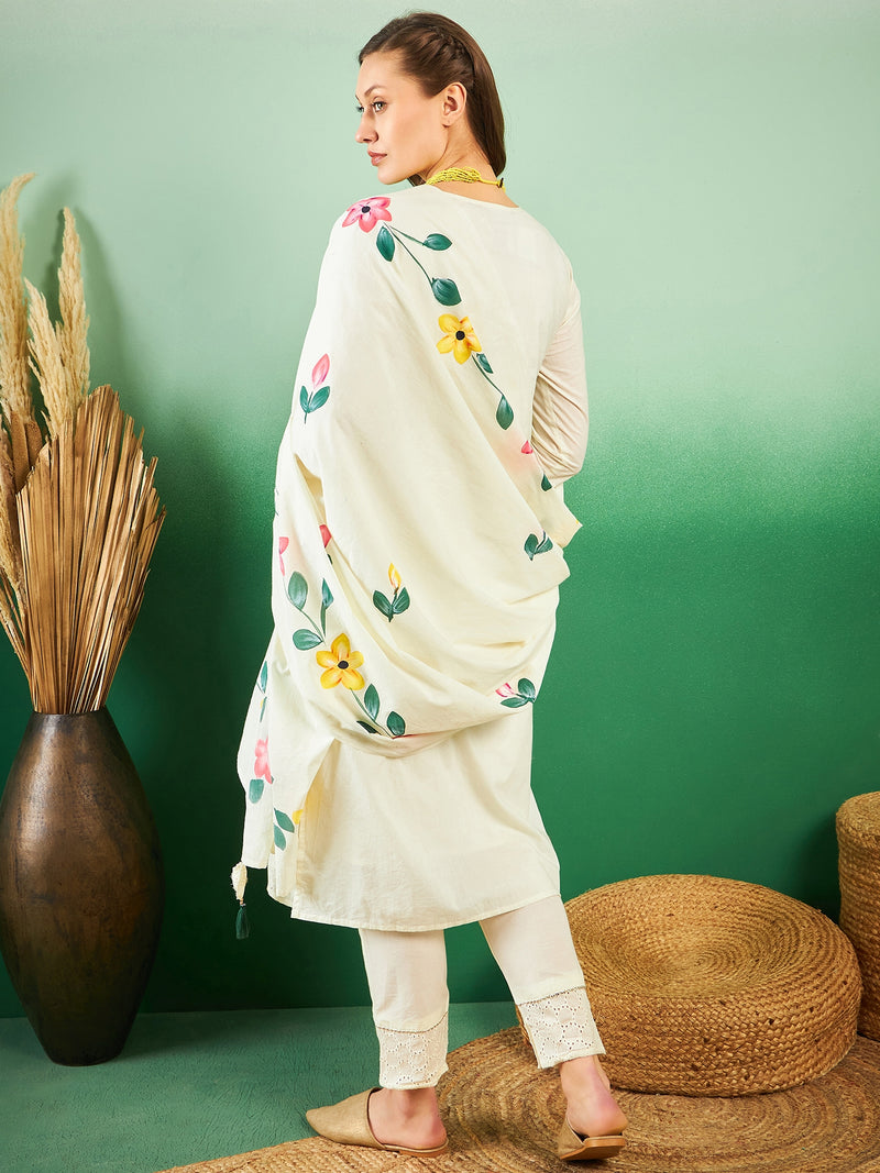 Off White Hand Printed Schiffli Pure Cotton Kurta With Trousers & Dupatta Kurta Set