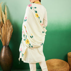 Off White Hand Printed Schiffli Pure Cotton Kurta With Trousers & Dupatta Kurta Set