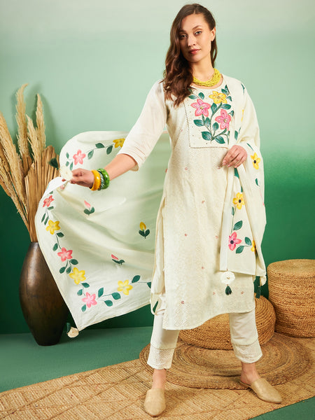 Off White Hand Printed Schiffli Pure Cotton Kurta With Trousers & Dupatta Kurta Set