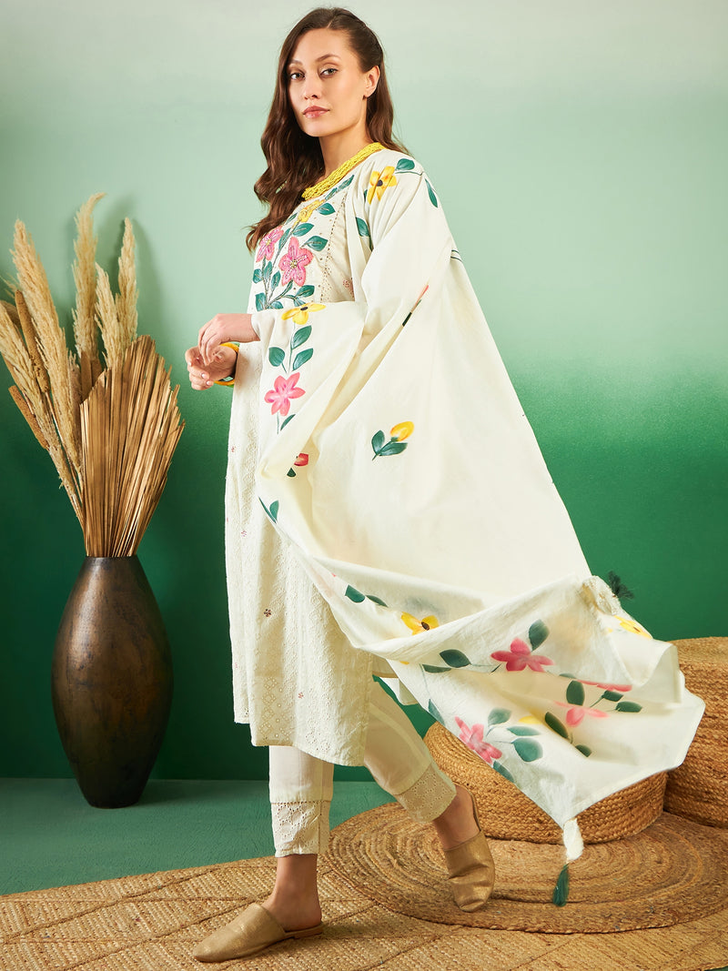 Off White Hand Printed Schiffli Pure Cotton Kurta With Trousers & Dupatta Kurta Set