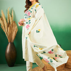 Off White Hand Printed Schiffli Pure Cotton Kurta With Trousers & Dupatta Kurta Set