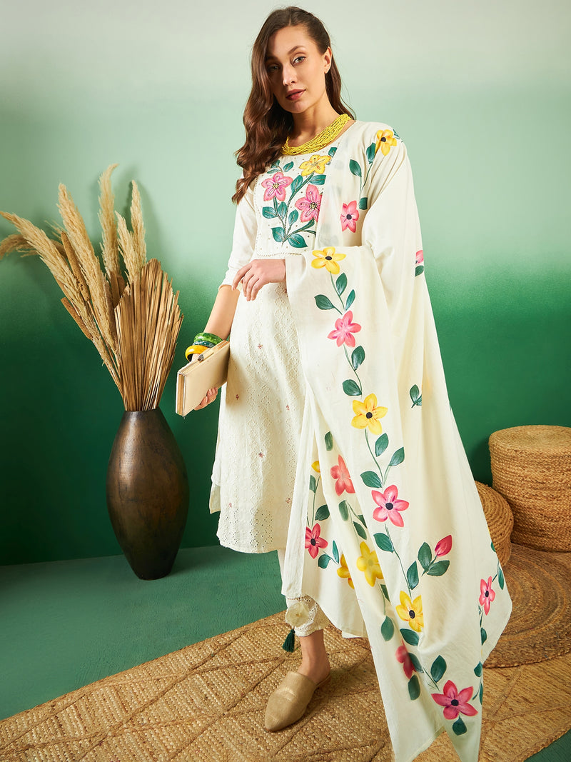 Off White Hand Printed Schiffli Pure Cotton Kurta With Trousers & Dupatta Kurta Set
