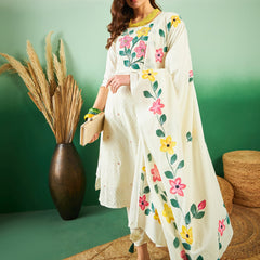 Off White Hand Printed Schiffli Pure Cotton Kurta With Trousers & Dupatta Kurta Set